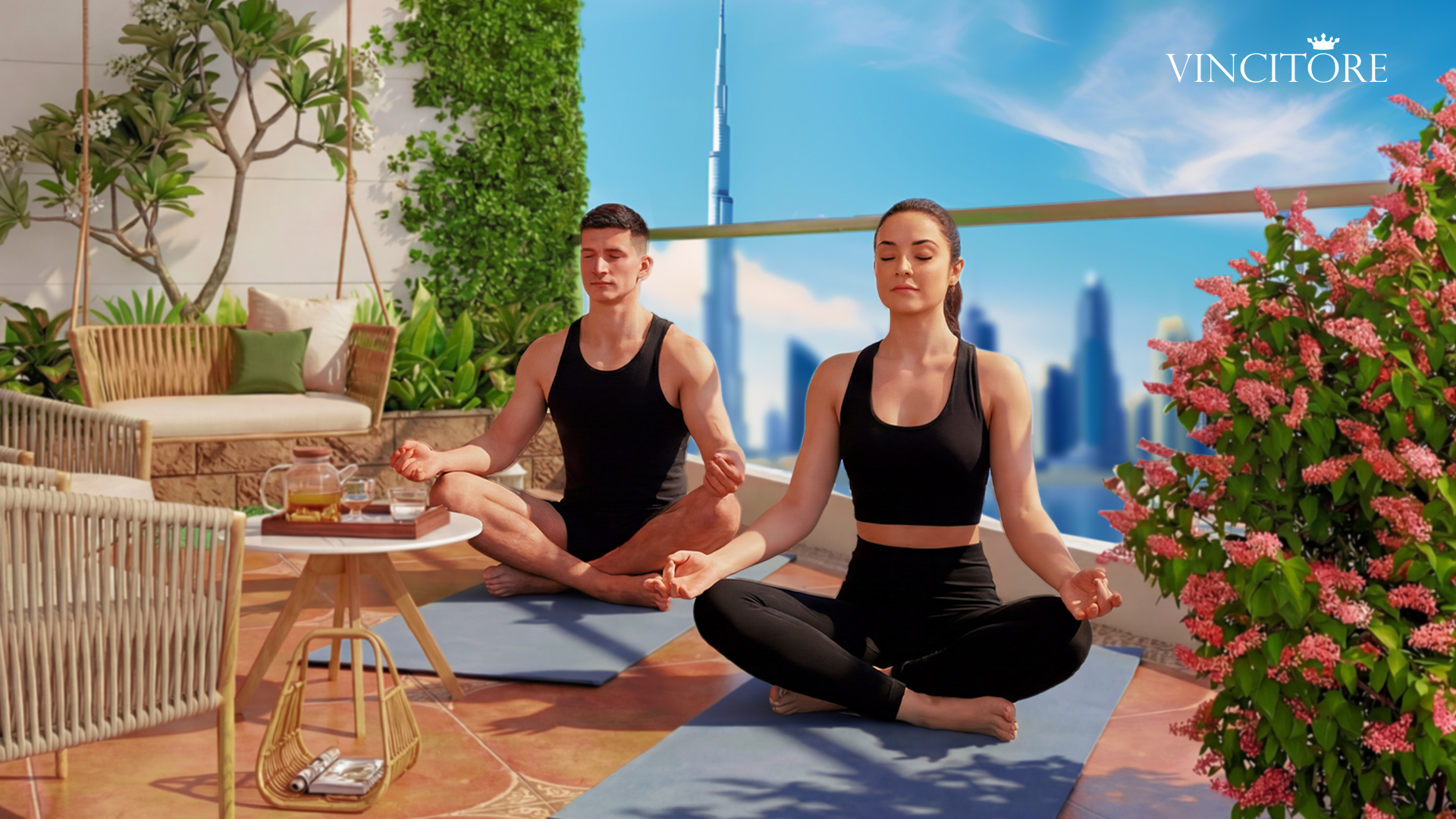 Couple meditating on a rooftop deck overlooking Dubai, showcasing Vincitore’s luxury conscious living lifestyle.