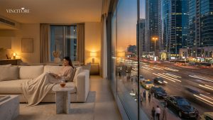 A high-end, minimalist bedroom or living room with a floor-to-ceiling window. Outside the window is a blurred, bustling city (tail lights, neon, traffic). Inside, the room is bathed in soft, warm light with a single person looking completely relaxed—perhaps reading or sleeping deeply.