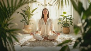 Woman practicing meditation in a bright wellness-inspired living space with indoor plants at Vincitore Wellness Estate.